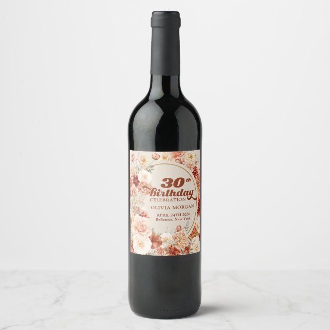 Bohemian colourful fall floral sage rusty blush 30 wine label (Front)