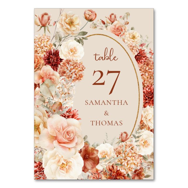 Bohemian colourful fall floral sage rusty colourfu table number (Front)