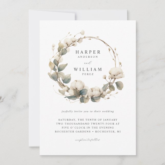 Bohemian cotton & eucalyptus wreath wedding invitation (Front)