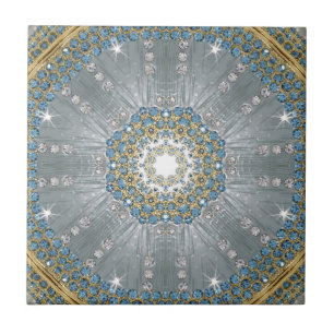 Bohemian crystal rhinestone Silver blue mandala Ceramic Tile