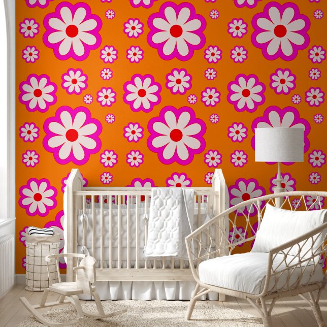 Bohemian Daisy Pattern Pink& Orange Retro Floral  Wallpaper (Kids)
