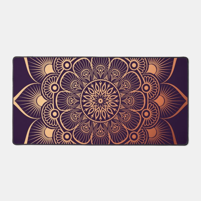 Bohemian Dark Purple Peach Mandala Desk Mat (Front)