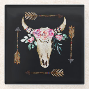 Bohemian Deer Skull Watercolor Art Glass Coaster