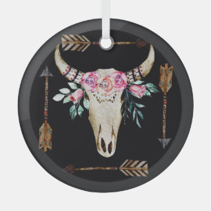Bohemian Deer Skull Watercolor Art Glass Tree Decoration