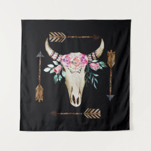 Bohemian Deer Skull Watercolor Art Tapestry