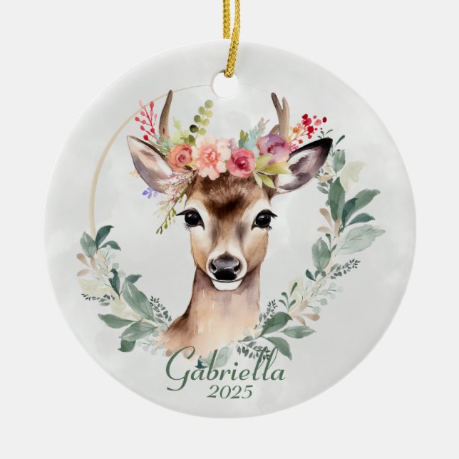 Bohemian Deer with Floral Crown Ceramic Ornament (Front)