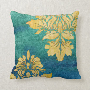 Bohemian Desert BOHO Blue Gold Damask Leaves Art Cushion