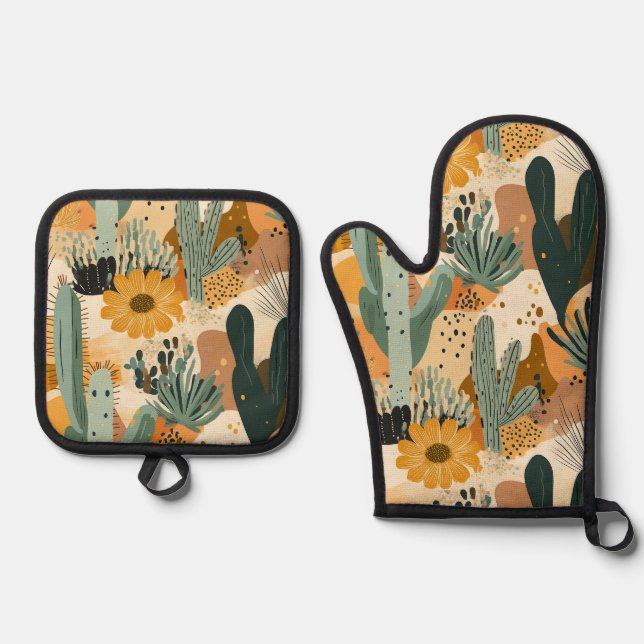 Bohemian Desert Cactus and Floral Pattern Oven Mitt & Pot Holder Set (Front)