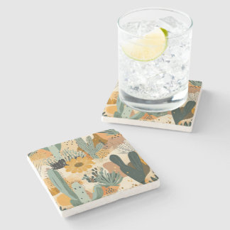Bohemian Desert Cactus and Floral Pattern Stone Coaster