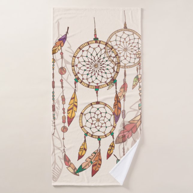 Bohemian dream catcher with beads and feathers, se bath towel (Bath Towel)