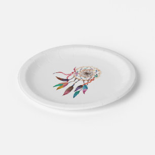 Bohemian Dreamcatcher in Vibrant Watercolor Paint Paper Plate