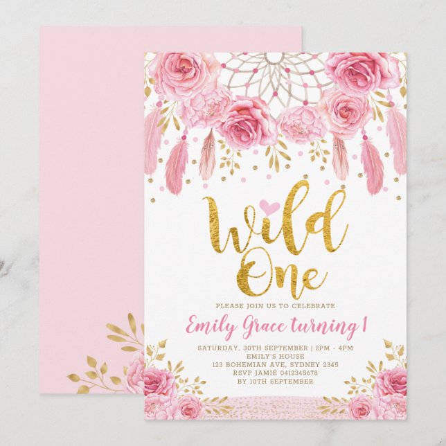 Bohemian Dreamcatcher Pink Gold Wild One Birthday Invitation (Front/Back)