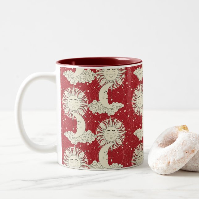 bohemian dreams red Two-Tone coffee mug (With Donut)