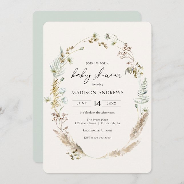 Bohemian Dried Bouquet Blue Baby Shower Invitation (Front/Back)