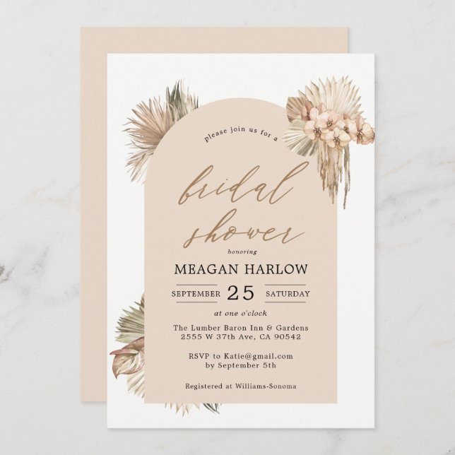 Bohemian Dried Palm Leaves Bridal Shower Invitation (Front/Back)