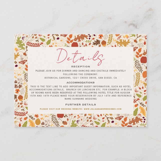 Bohemian Dried Rustic Floral Autumn Falls Wedding Enclosure Card (Front)