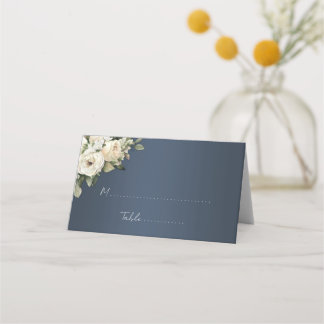 Bohemian Dusty Blue and White Roses Wedding Place Card