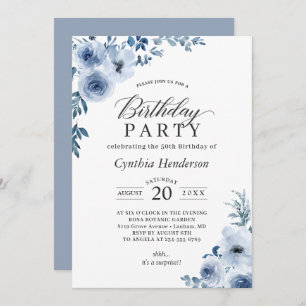 Bohemian Dusty Blue Floral Birthday Party Invitation