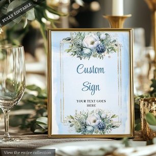 Bohemian Dusty Blue Floral Gold DIY Wedding Sign
