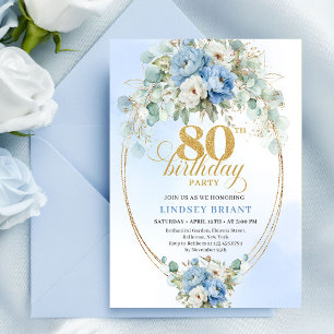Bohemian Dusty Blue Floral Gold Frame 80 Birthday Invitation