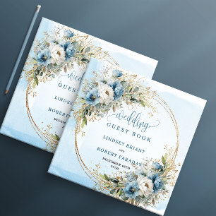 Bohemian Dusty Blue Floral Gold Glitter Wedding  Guest Book