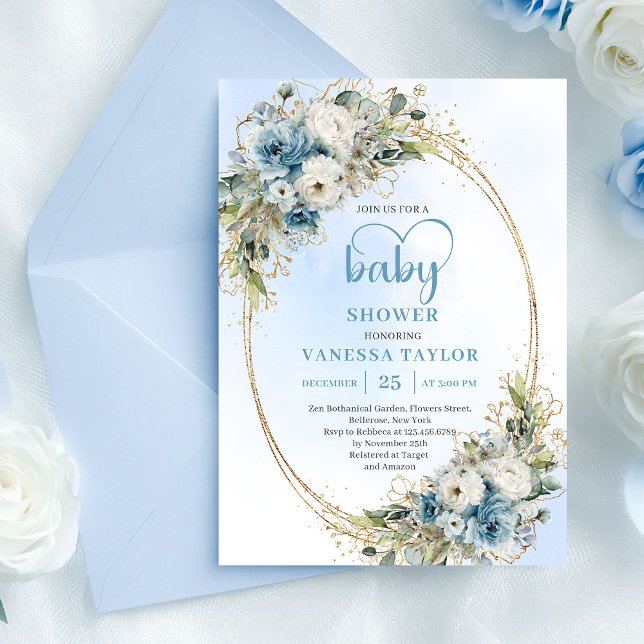 Bohemian Dusty Blue Floral Greenery Baby Shower  Invitation (Bohemian Dusty Blue Floral Greenery Baby Shower Invite.)