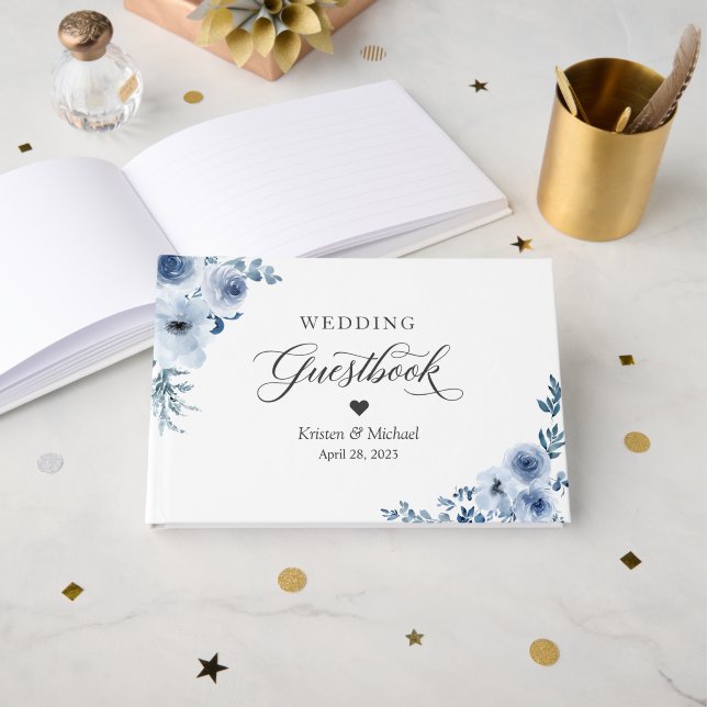 Bohemian Dusty Blue Floral Wedding Guest Book (Front Open)