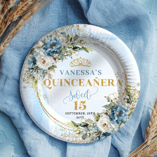 Bohemian Dusty Blue Flowers Gold Glitter Custom Paper Plate