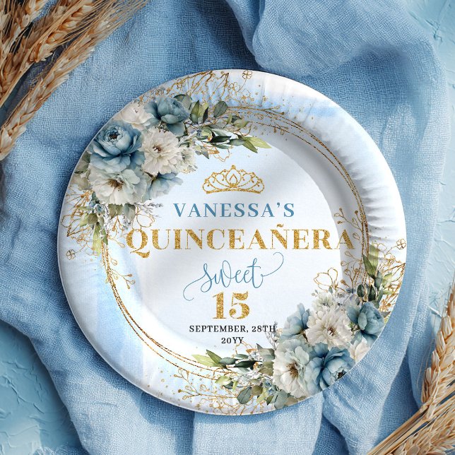 Bohemian Dusty Blue Greenery Gold Quinceañera   Paper Plate (Bohemian Dusty Blue Greenery Gold Quinceañera Plates)