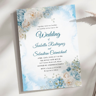 Bohemian Dusty Blue Ivory Rose Flowers Wedding Invitation