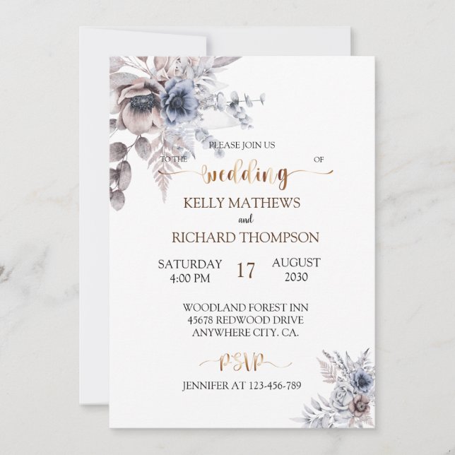 Bohemian Dusty blue wedding invitation (Front)
