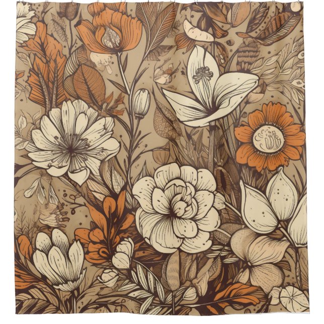 Bohemian Earth Tone Floral Pattern Shower Curtain (Front)