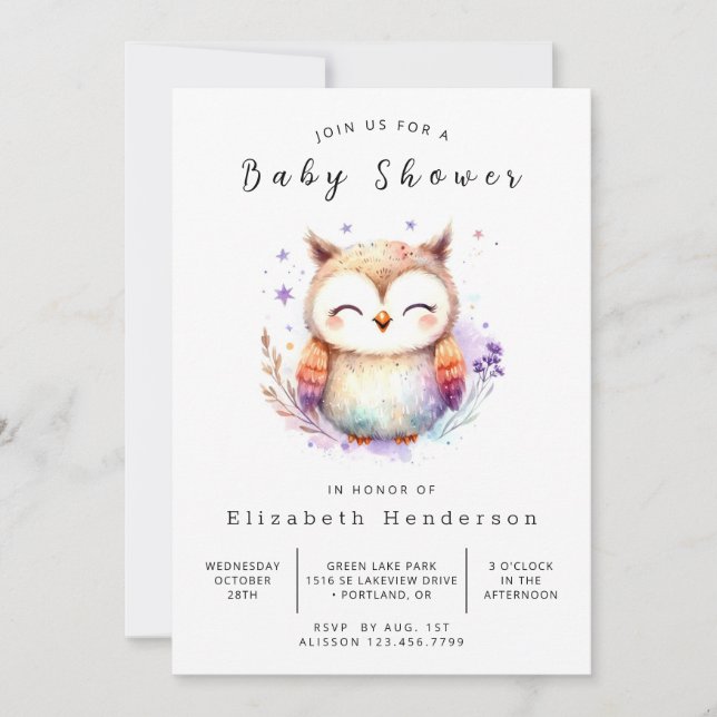 Bohemian Editable Owl Baby Shower Invitation (Front)