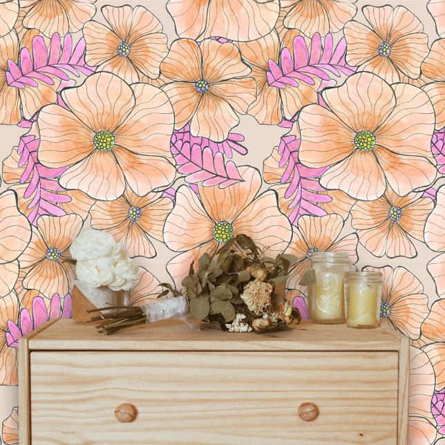 Bohemian Elegant Watercolor Peach Pink Flowers Wallpaper (Creator Uploaded)