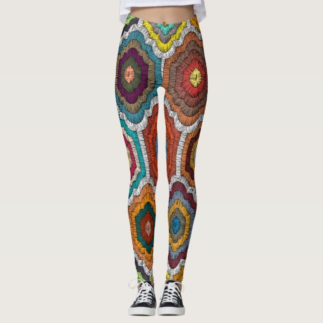Bohemian Embroidery: Geometric Patchwork Leggings (Front)
