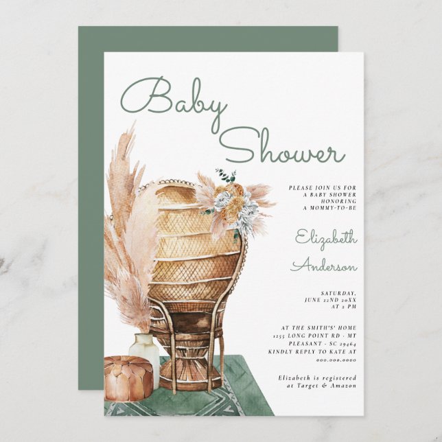 Bohemian Eucalyptus Green Pampas Boho Baby Shower  Invitation (Front/Back)