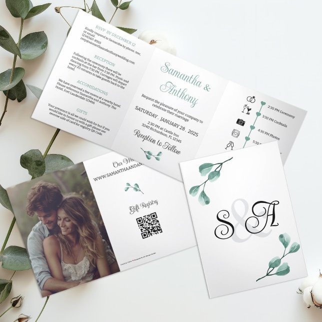 Bohemian Eucalyptus Monogram Wedding Invitation (Creator Uploaded)
