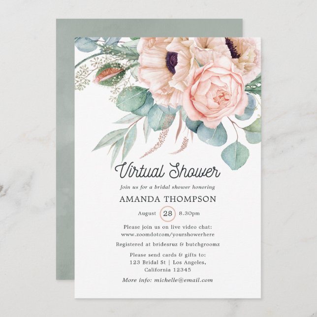 Bohemian Eucalyptus Pink Poppy Virtual Shower Invitation (Front/Back)