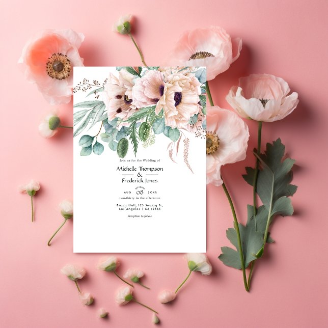 Bohemian Eucalyptus Pink Poppy Wedding Invitation (Creator Uploaded)