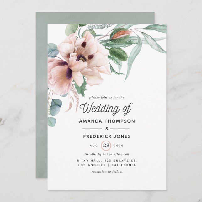 Bohemian Eucalyptus Pink Poppy Wedding Invitation (Front/Back)