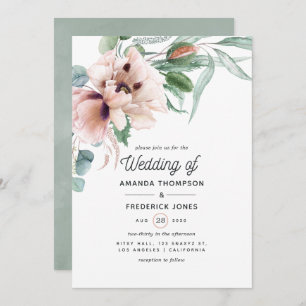 Bohemian Eucalyptus Pink Poppy Wedding Invitation