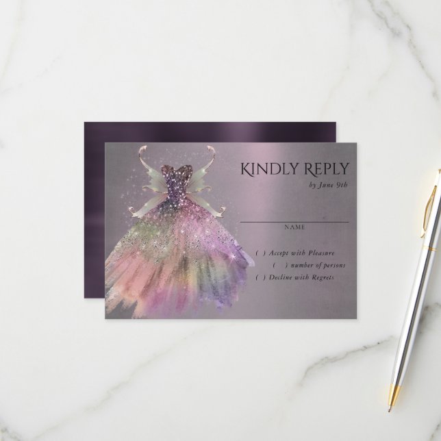 Bohemian Fairy Ball Gown | Muted Ombre Wine Sheen RSVP Card (Front/Back In Situ)