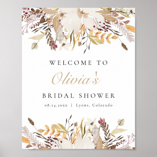 Bohemian Fall Beige Floral Bridal Shower Welcome Poster (Front)