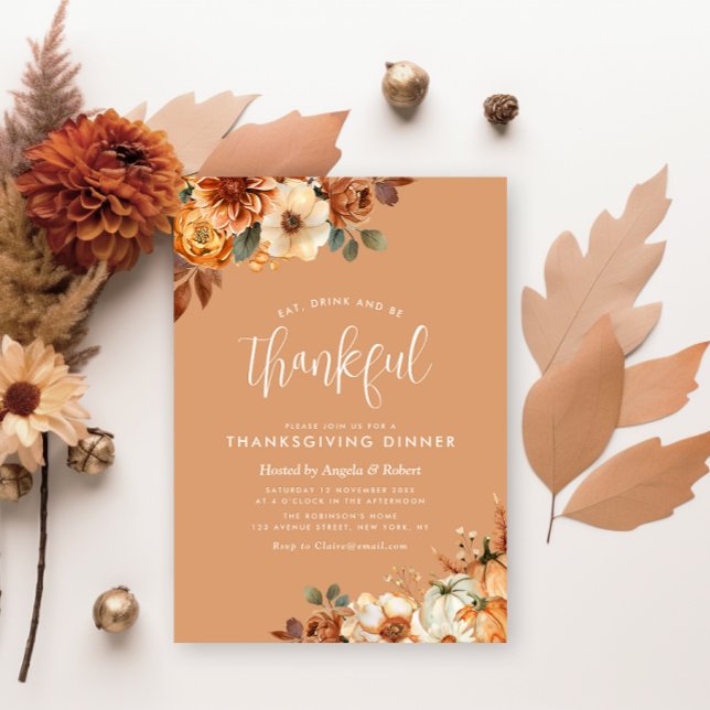 bohemian fall floral orange thanksgiving dinner invitation (Creator Uploaded)