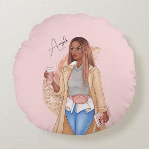 Bohemian Faux Glitter Girl Tan Hair Pink Round Cushion