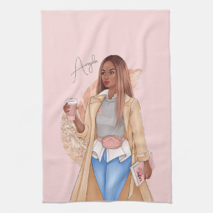 Bohemian Faux Glitter Girl Tan Hair Pink  Tea Towel