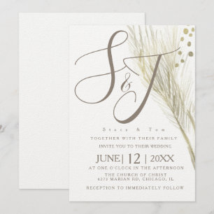 Bohemian Faux Gold Foil Pampas Wedding Ivory Invitation
