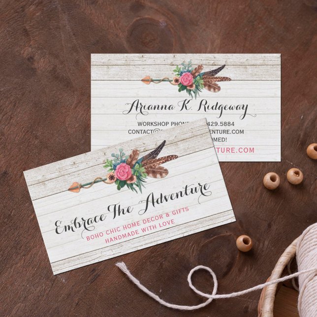 Bohemian Feather Arrow & Rose on Rustic White Wood Business Card (Creator Uploaded)