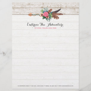 Bohemian Feather Arrow & Rose on Rustic White Wood Customised Letterhead