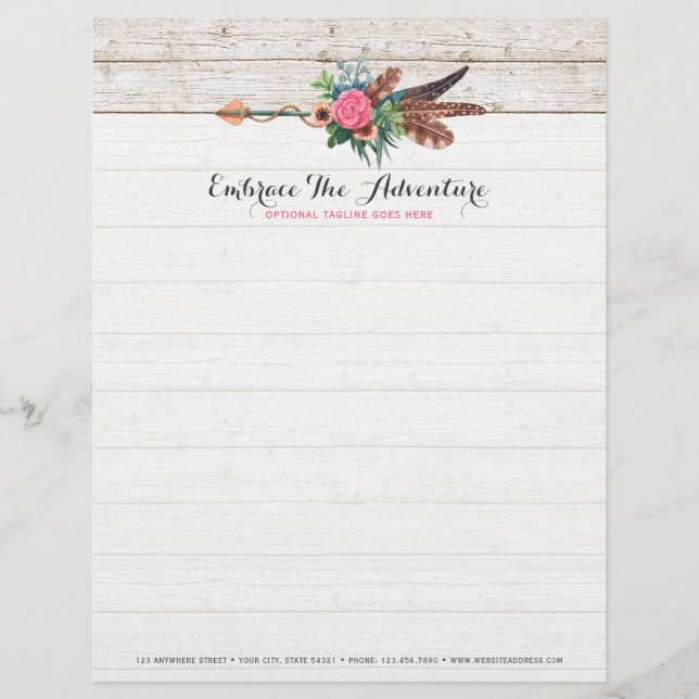 Bohemian Feather Arrow & Rose on Rustic White Wood Customised Letterhead (Front)